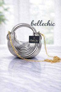 bellechic Silver Clutch Metallic Mini Handbag Glosy Crescent Shape Crossbody Sling Bag with Golden Chain