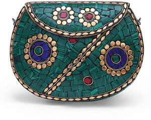 Shakuntla Handicraft Green Clutch Bridal Women's Antique Handmade Brass Purse Metal Parties Clutch Bag