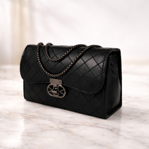 zufisha Black Sling Bag Women Quilted Sling Bag | PU Leather | Chain Strap | Lock Closure.