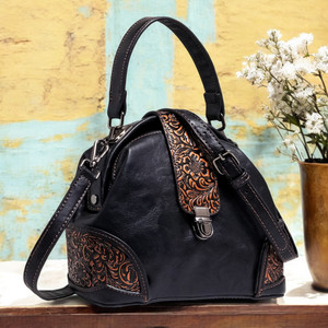 Exotic Premium Black Hand-held Bag Vintage Retro Embossed Floral Sling Bag