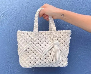 RAKANO White Hand-held Bag Macrame Tote Bag with Zipper & Lining | Eco-Friendly Small Shoulder Handbag
