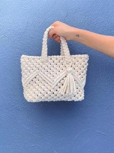 RAKANO White Hand-held Bag Macrame Tote Bag with Zipper & Lining | Eco-Friendly Small Shoulder Handbag