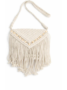 Velmora Fashion White Sling Bag Handmade Macrame Fringe Sling Bag | Boho Cotton Crossbody Bag for Women