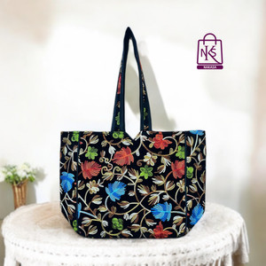 NAKASA Black Tote Women's Kashmiri Handmade Flower Embroidery