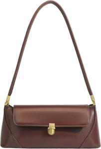 ITALISH Brown Messenger Bag Women Structured Baguette Sling Bag PU Leather Flap Shoulder Purse Gold Lock