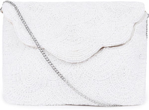 ASTRID White Sling Bag Flapover beaded clutch with metal chain