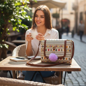 mas navi White, Brown Sling Bag Imported Fabric Vegan Leather Fashion Bags