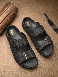 Hitz Black Leather Open Toe Slippers Men Sandals