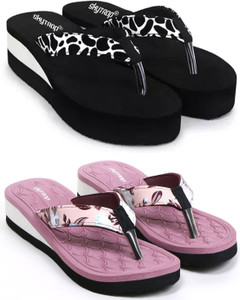 Skytrap Women Stylish Comfortable and Trending Colorful Embossed Flip Flops Combo of 2 Slippers