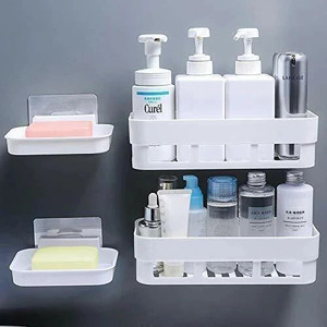 KYASO Pack of 4 Wall Mount Bathroom Shelf and Soap Rack for Home and Kitchen. Adhesive Sticker Support Without Drilling. (2 Bathroom Shelf + 2 Soap Dish, White Color)