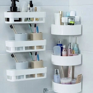 Qrex Pack Of 6 ABS Plastic Multiperurpose Home Kitchen Bathroom Accessories Traceless Self Adhesive Wall Mounted Bathroom Shelves And Triangle Corner Self Stick for Shampoo; Conditioner Shower Caddy Rack Shelf with Strong Adhesive Magic Sticker (3 Bathroom + 3 Triangle Corner holder,WhiteColour)