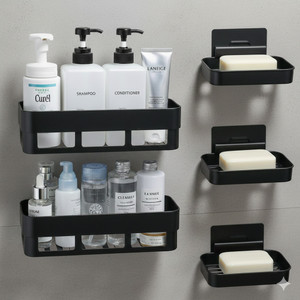 Zenvio Combo of 5 Pieces Bathroom Shelf Kitchen Shelf Soap Box Stand (Black)