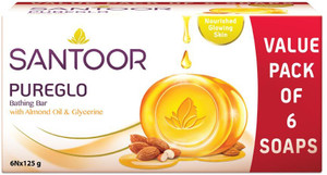 Santoor PureGlo Glycerine Bathing Bar Soap with Almond Oil for Nourished & Glowing Skin