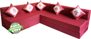 Little Smile L-Shaped 78x60x16 inch- Jute Fabric 4 -Red 4 Seater Double Foam Fold Out Sofa Cum Bed