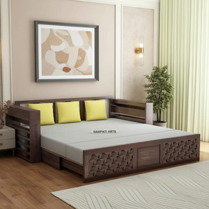 Ganpati Arts Raj Sheesham Wood Sofa Bed For Home with Mini Storage and Side Pockets | 3 Seater Double Solid Wood Pull Out Sofa Cum Bed
