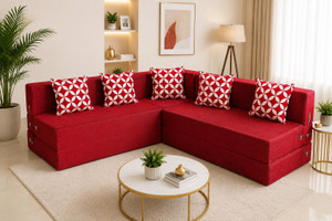 Little Smile L-Shaped 78x60x16 inch- Jute Fabric 4-red 4 Seater Double Foam Fold Out Sofa Cum Bed