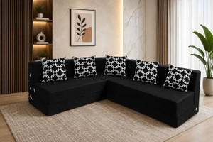Little Smile L-Shaped 90x72x16 inch- Jute Fabric 5 -black 5 Seater Double Foam Fold Out Sofa Cum Bed
