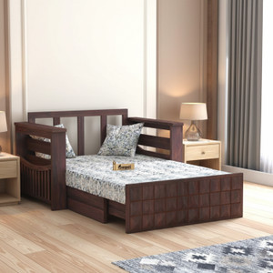 Ganpati Arts Sheesham Wood Diamond 2 Seater Sofa Cum Bed with Floral Fabric & Side Pocket 2 Seater Double Solid Wood Pull Out Sofa Cum Bed