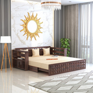 Dreamydesks Solid Sheesham Wood Diamond sofa bed for living room With Side Storage &Cushions 3 Seater Double Solid Wood Pull Out Sofa Cum Bed