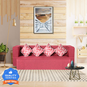 Seventh Heaven 4 Seater Sofa cum Bed 78x36x14 inch Jute Fabric with 4 Cushions 4 Seater Double Foam Pull Out Sofa Cum Bed