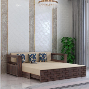 Ganpati Arts Sheesham Wood Italian with Headboard and Mini Storage 3 Seater Double Solid Wood Pull Out Sofa Cum Bed
