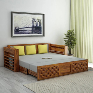 Ganpati Arts Sheesham Wood Raj with Headboard & Mini Storage for Home 3 Seater Double Solid Wood Pull Out Sofa Cum Bed