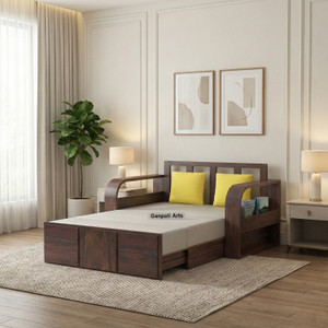 Ganpati Arts Scott Solid Sheesham Wood with Headboard and Mini Storage 2 Seater Single Solid Wood Pull Out Sofa Cum Bed