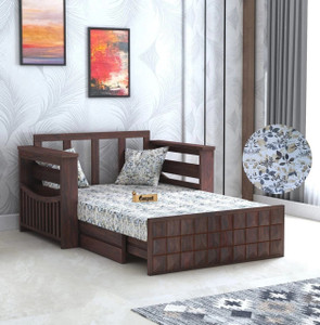 Ganpati Arts Sheesham Wood Diamond 2 Seater Sofa Cum Bed with Floral Fabric & Side Pocket 2 Seater Double Solid Wood Pull Out Sofa Cum Bed
