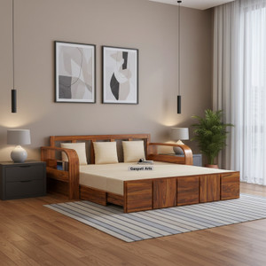 Ganpati Arts Scott Solid Sheesham Wood with Side Pocket Mini Storage 3 Seater Double Solid Wood Pull Out Sofa Cum Bed