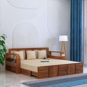 Ganpati Arts Scott Solid Sheesham Wood 3 Seater Sofa Cum Bed with Side Pocket Mini Storage 3 Seater Double Solid Wood Pull Out Sofa Cum Bed
