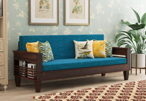 Worldwood Wooden Solid Sheesham Wood with Cushions 3 Seater Double Solid Wood Fold Out Sofa Cum Bed