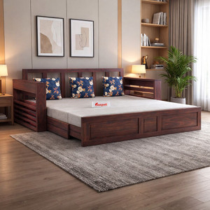 Ganpati Arts Sheesham Wood Lurid 3 Seater Sofa Cum Bed with Headboard & Mini Storage for Home 3 Seater Double Solid Wood Pull Out Sofa Cum Bed