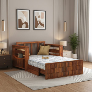 Ganpati Arts Sheesham Wood Diamond with Floral Fabric & Side Pocket 2 Seater Double Solid Wood Pull Out Sofa Cum Bed