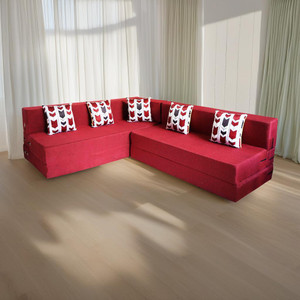 Little Smile L-Shaped 78x60x16 inch- Jute Fabric 4 4 Seater Double Foam Fold Out Sofa Cum Bed