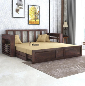 Ganpati Arts Sheesham Wood Lurid 3 Seater Sofa Cum Bed with Headboard & Mini Storage for Home 3 Seater Double Solid Wood Pull Out Sofa Cum Bed