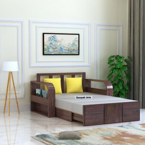 Ganpati Arts Scott Solid Sheesham Wood with Headboard and Mini Storage 2 Seater Single Solid Wood Pull Out Sofa Cum Bed