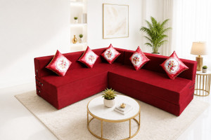 Little Smile L-Shaped 90x72x16 inch- Jute Fabric 5 -red 5 Seater Double Foam Fold Out Sofa Cum Bed