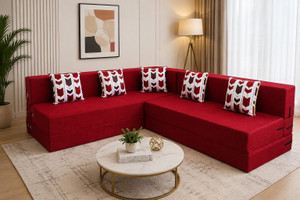 Little Smile L-Shaped 90x72x16 inch- Jute Fabric 5 5 Seater Double Foam Fold Out Sofa Cum Bed