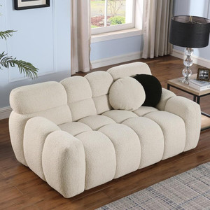 Soul Light Art Wooden Sofa 2 Pillows Upholstered Deep Seat Couch Living Room Bedroom, Beige Fabric 2 Seater  Sofa