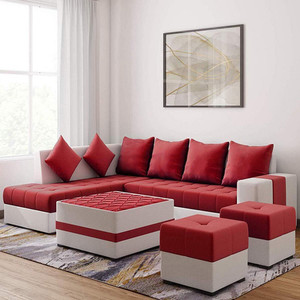 Torque Steffan L Shape 8 Seater Sofa Set with Centre Table and 2 Puffy (LHS, Red) Fabric 8 Seater Sofa