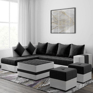 Torque Steffan L Shape 8 Seater Sofa Set with Centre Table and 2 Puffy (LHS, Black) Fabric 8 Seater  Sofa