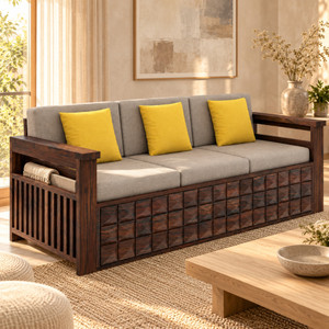 Ganpati Arts Oslo Solid Sheesham Wood Sofa/Couch With Side Pockets for Home/Office | Fabric 3 Seater Sofa