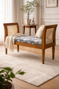 lumber casa Handcrafted Teak Wood & Rattan Cane Bench with Floral Upholstery Fabric 2 Seater Sofa