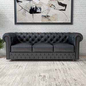 India wood mart Wooden Modern Sofa Tufted Couch with Deep Seat,Chesterfield 3 Seater Sofa Fabric Half-leather 3 Seater  Sofa