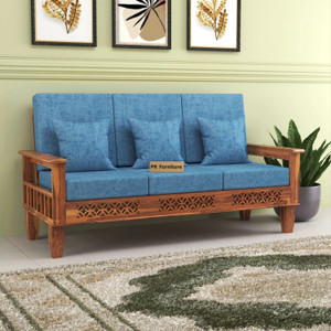 PR FURNITURE Solid Wood Three Seater Sofa With Front CNC Flower Style For Living Room, Café. Fabric 3 Seater  Sofa
