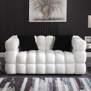 Soul Light Art Wooden Sofa 2 Pillows Upholstered Deep Seat Couch Living Room Bedroom, White Fabric 2 Seater  Sofa
