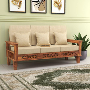 PR FURNITURE Solid Wood Three Seater Sofa With Front CNC Flower Style For Living Room, Café. Fabric 3 Seater  Sofa