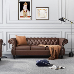 IRONIC HOUSE Chesterfield Sofa Leather Modern PU Tufted Couch with Rolled Arms and Nailhead Leatherette 3 Seater Sofa