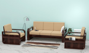 FUREON Sheesham Wood 5 Seater Sofa Set with Cushions Fabric 5 Seater  Sofa