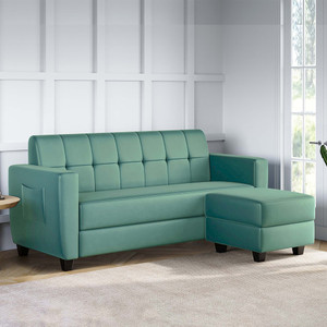ARRA Remo Tufted Back Three Seater Sofa With Ottoman in Sea Green Color Fabric 4 Seater  Sofa